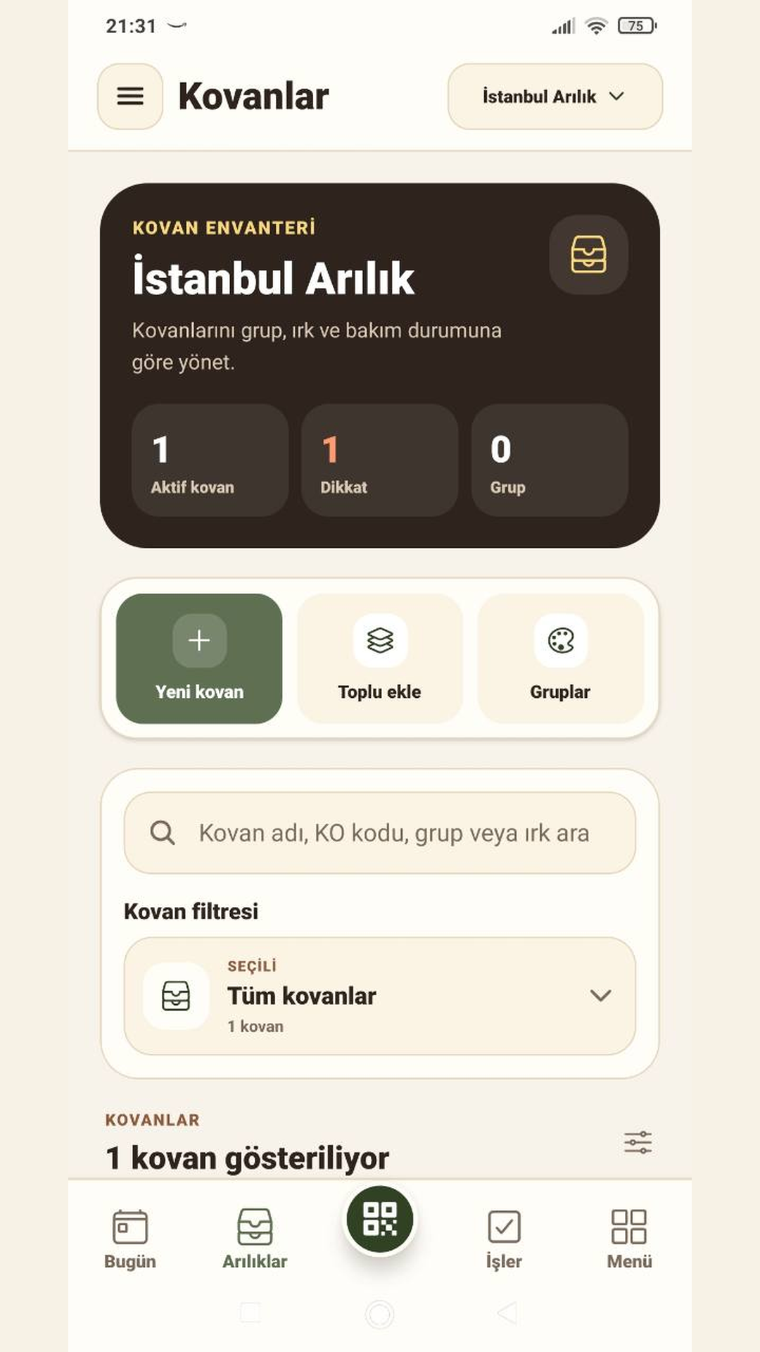 Kovania kovan envanteri ve kovan yönetimi ekranı