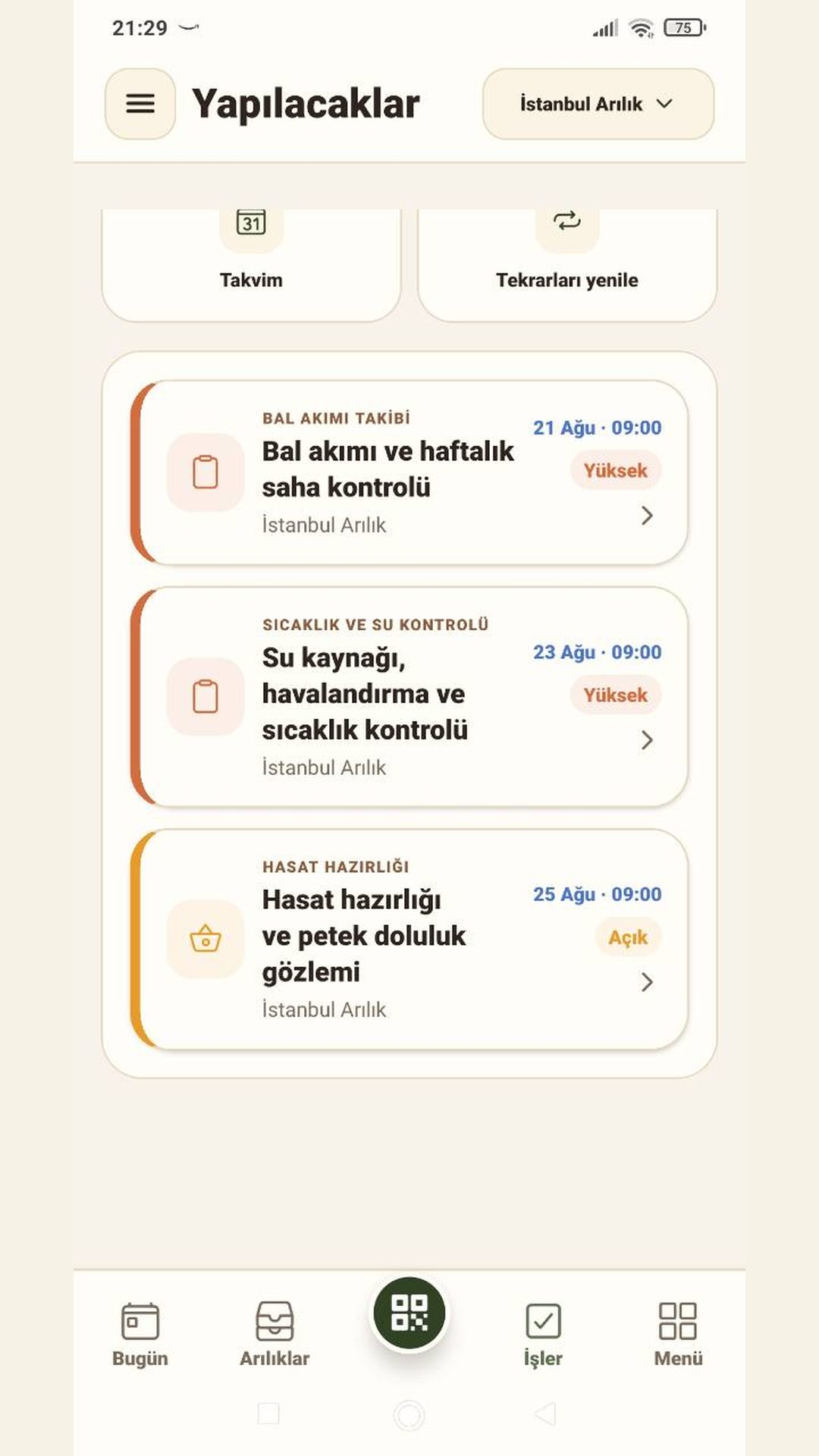 Kovania yapılacak işler ve mevsim planı ekranı