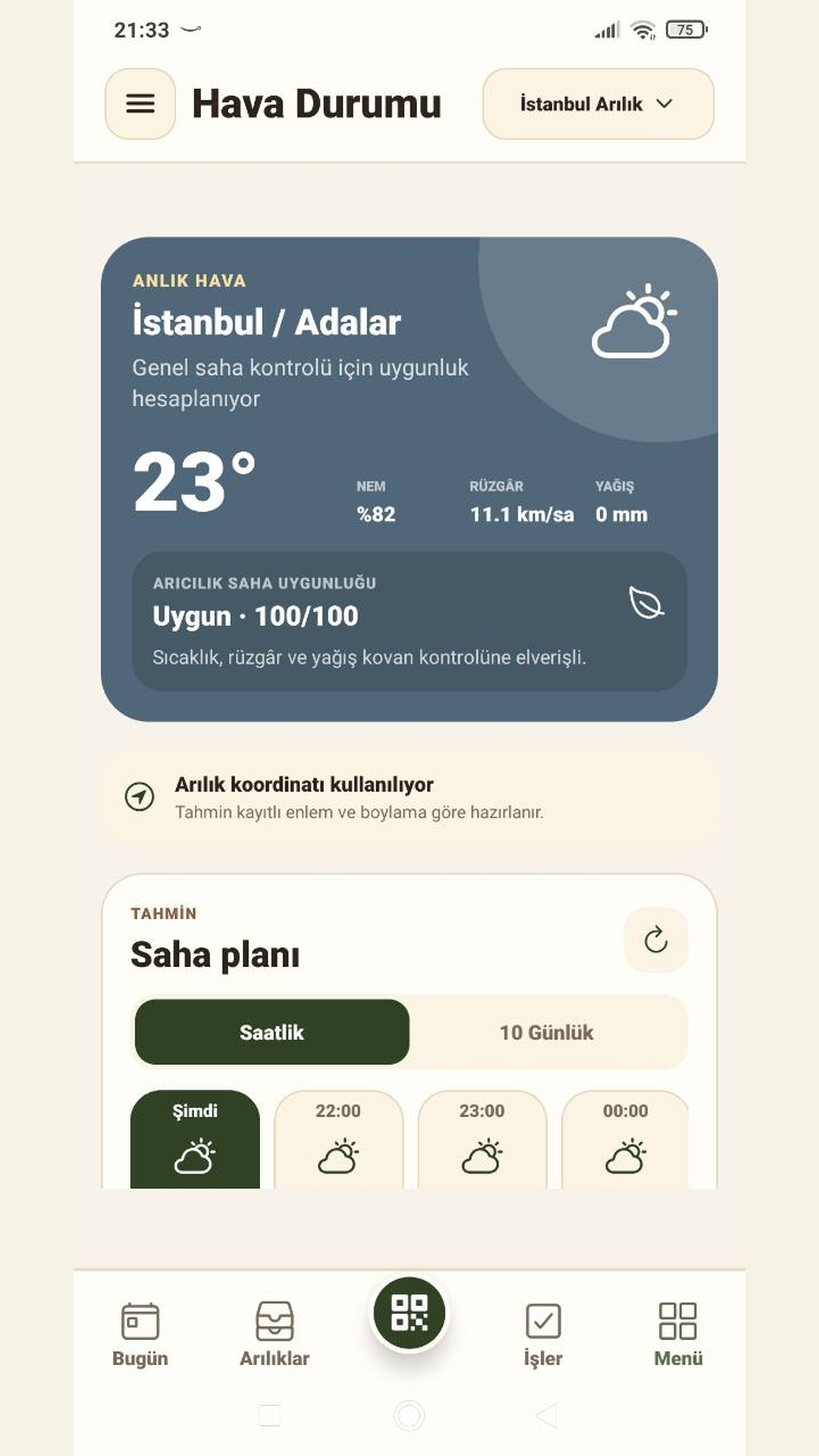 Kovania arılığa bağlı hava durumu ve saha uygunluğu ekranı