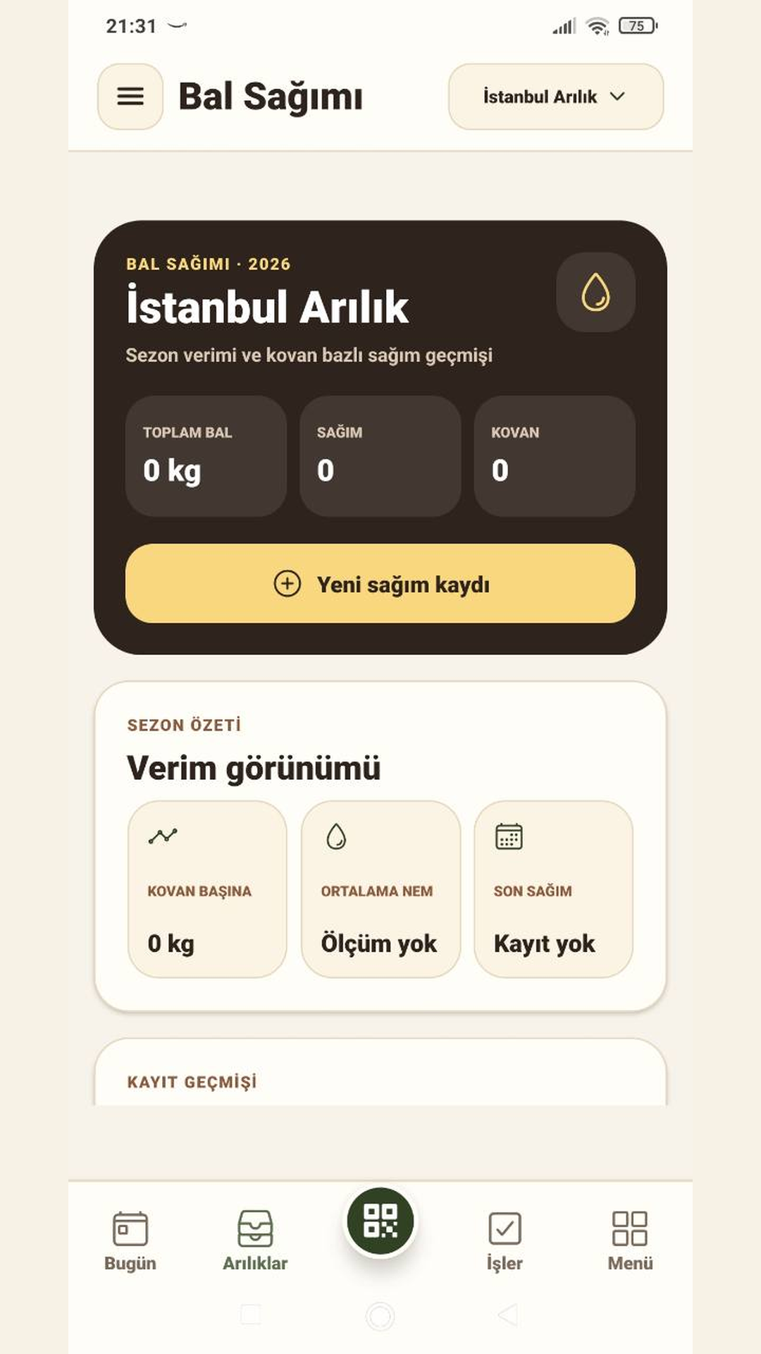 Kovania bal sağımı ve verim takibi ekranı